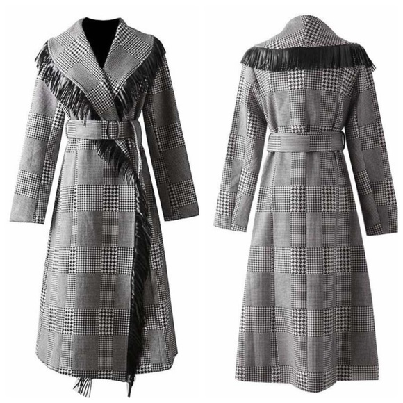 🎁 Houndstooth Microfiber Fringe Long Jacket - Picture 6 of 8